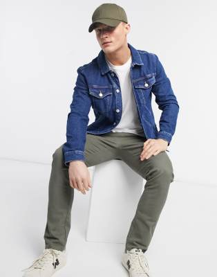 River Island Muscle Fit Denim Jacket In Green Cast Blue In Blues | ModeSens