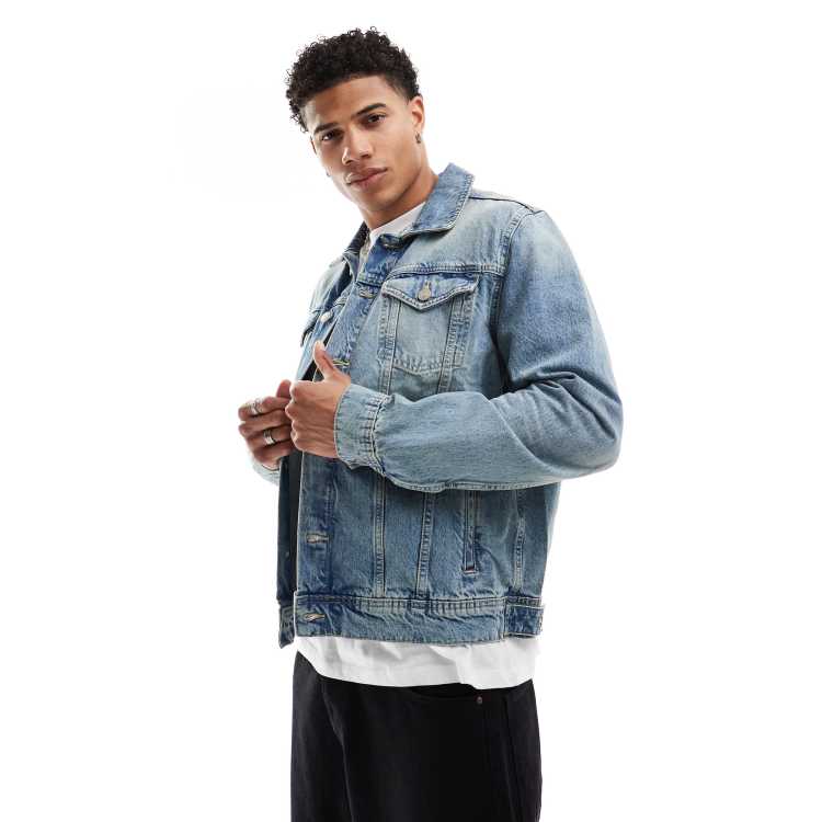 Light blue distressed store denim jacket mens