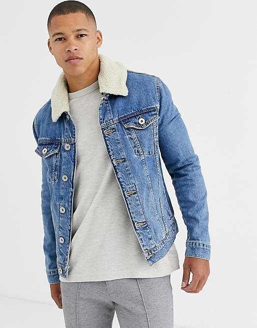 River Island denim jacket with borg collar in washed blue | ASOS