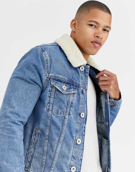 ASOS Denim Jacket With Patches & Fleece Collar In Blue Wash