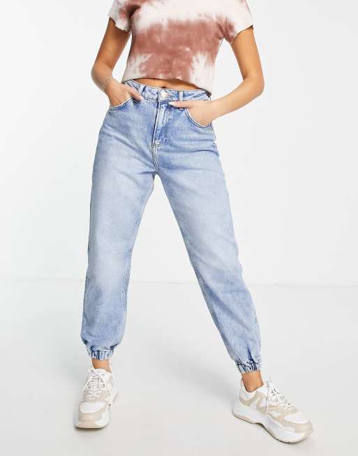 River Island - Denim joggingbroek met hoge taille in middenblauw