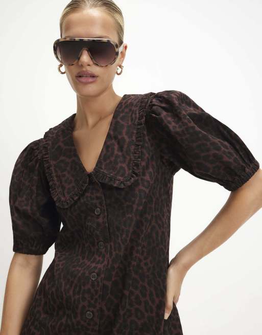 River Island Denim leopard print shirt dress in brown , 2 of 4