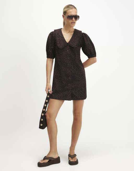 River Island Denim leopard print shirt dress in brown , 3 of 4