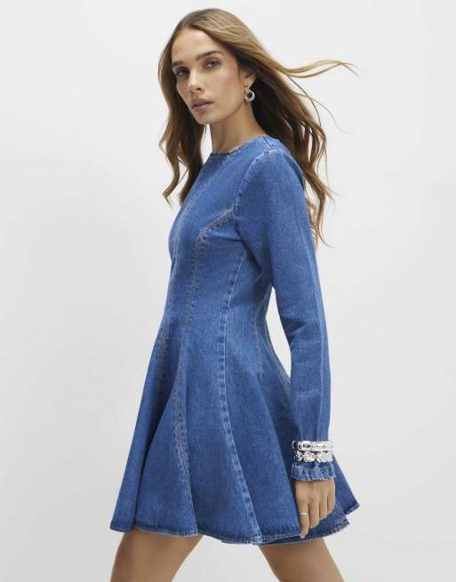 River Island Denim long sleeve seamed mini dress in denim blue, 2 of 4