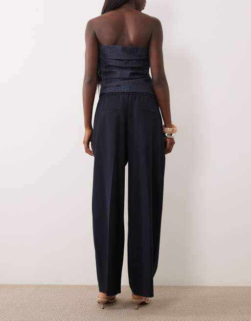 River Island denim look wide leg trousers in dark blue, 3 of 5