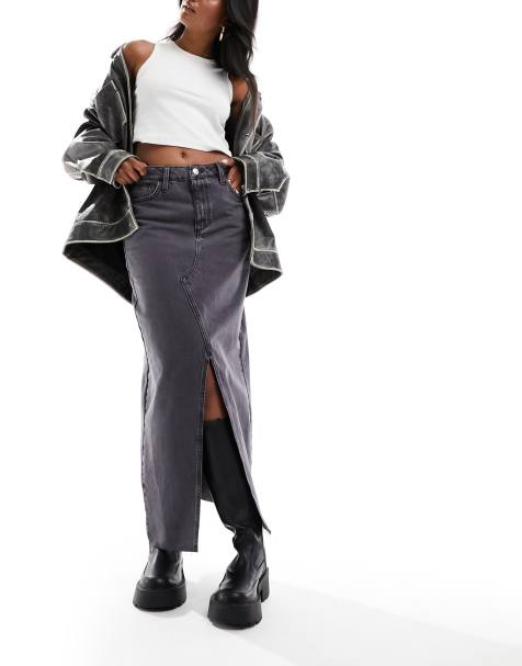River Island - Denim maxirok met split aan de voorkant in donkergrijs - view 1