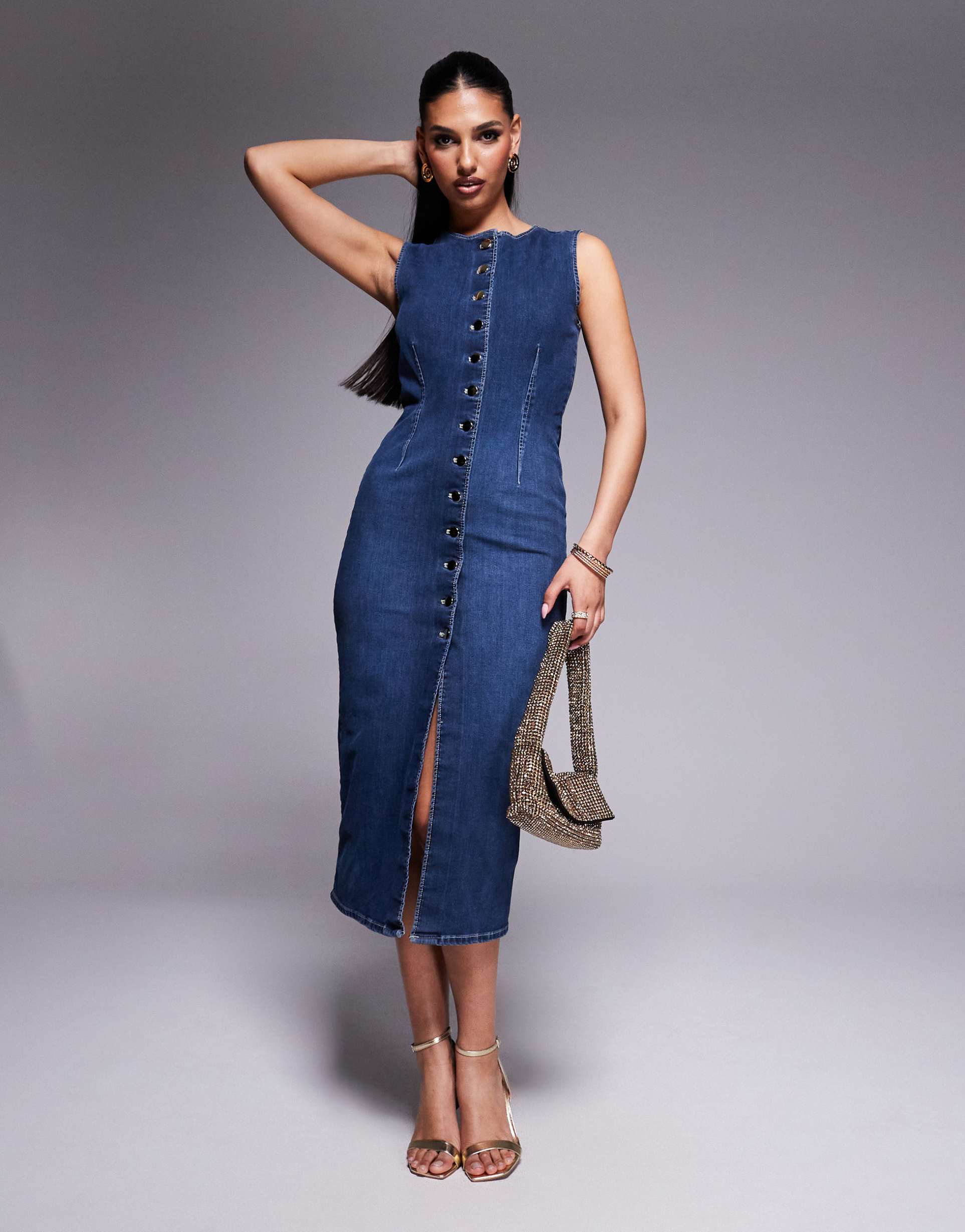 river island denim midi dress in darkwash blue