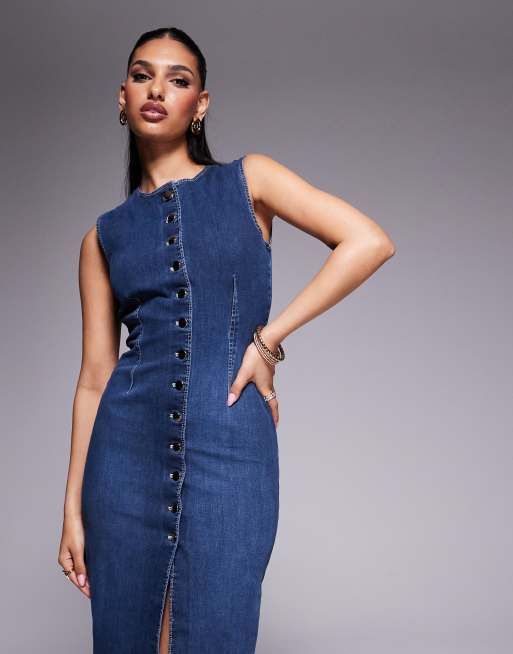 River Island - Denim midi jurk in blauw met donkere wassing, 2 van 4