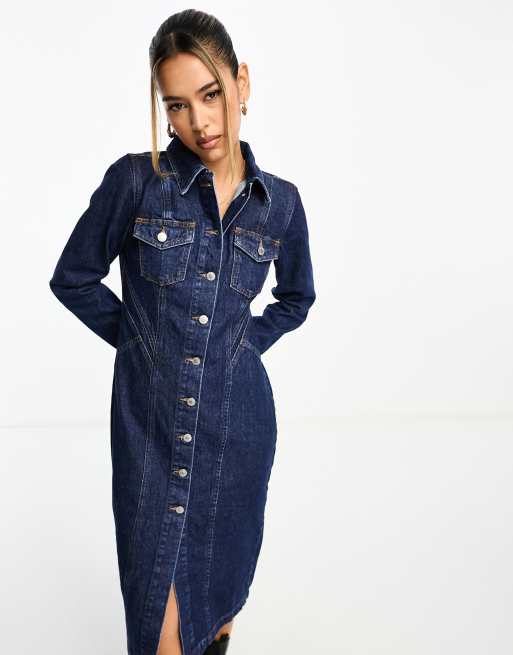 River Island Denim midi jurk met lange mouwen en naden in donkerblauw