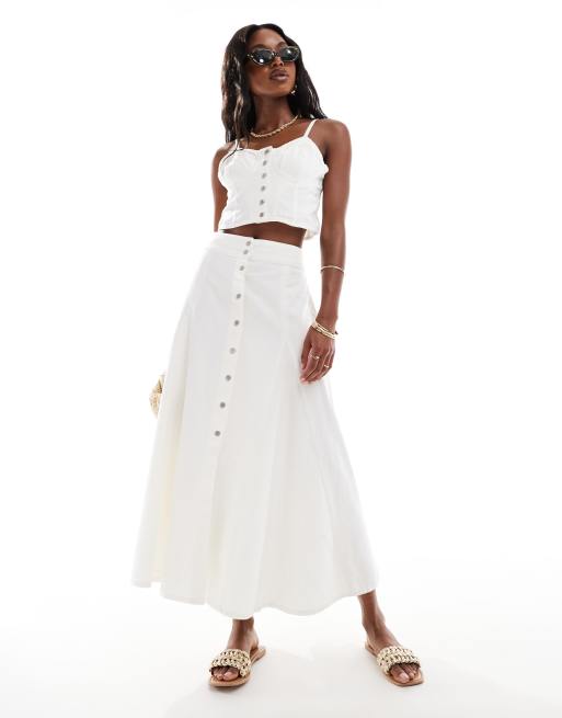 River Island - Denim midirok met godet-plooien in wit, deel van co-ord set