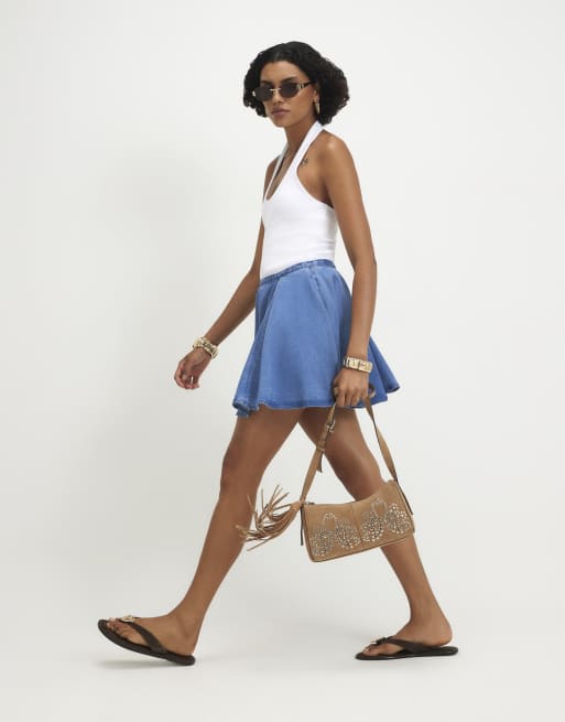 River Island Denim mini skater skirt in denim blue, 3 of 4