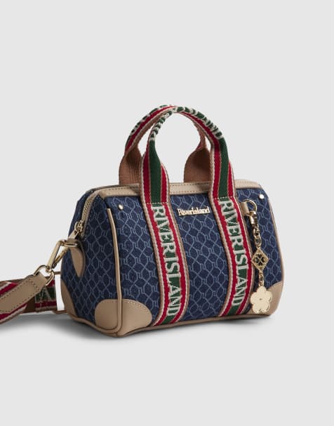 River Island Denim monogram webbing detail bowler bag in denim - dark - view 1