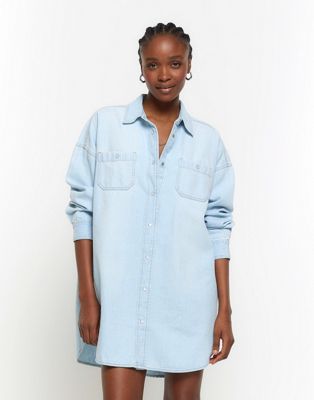 River Island Denim oversized mini shirt dress in denim - ASOS Price Checker