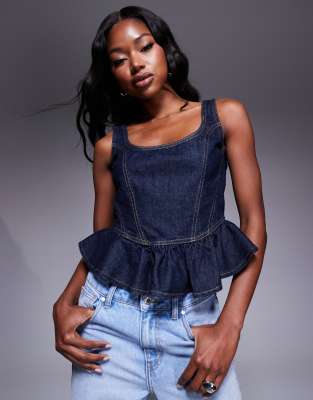 river island denim peplum top in dark wash blue