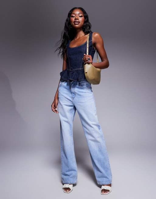 River Island denim peplum top in dark wash blue | ASOS