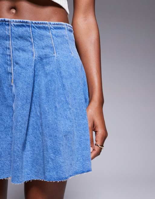 River Island denim pleated mini skirt in lightwash blue ASOS