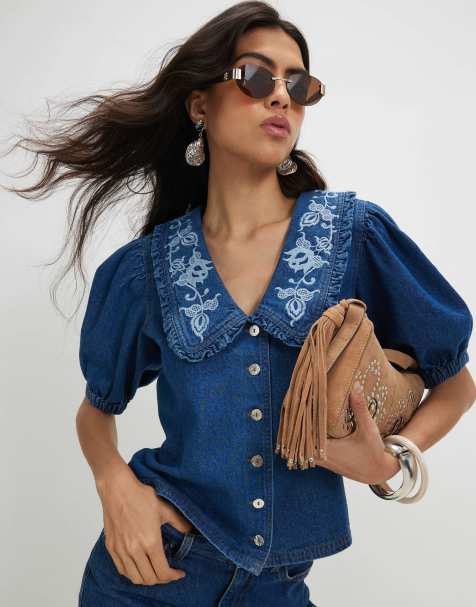 River Island Denim puff sleeve embroidered shirt in denim - dark - view 1