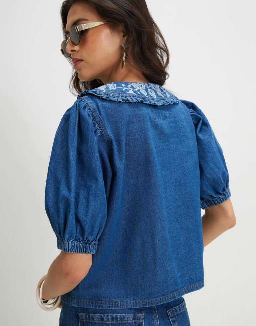 River Island Denim puff sleeve embroidered shirt in denim - dark, 4 of 4