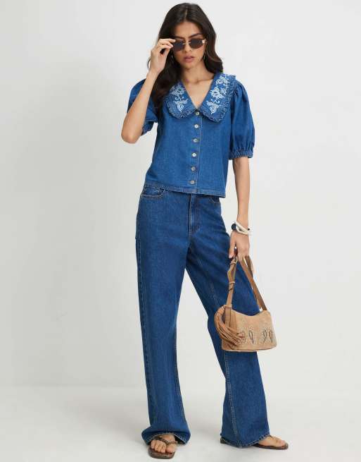 River Island Denim puff sleeve embroidered shirt in denim, 2 of 4
