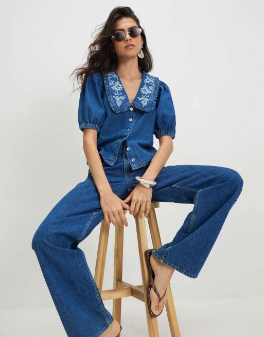 River Island Denim puff sleeve embroidered shirt in denim, 3 of 4