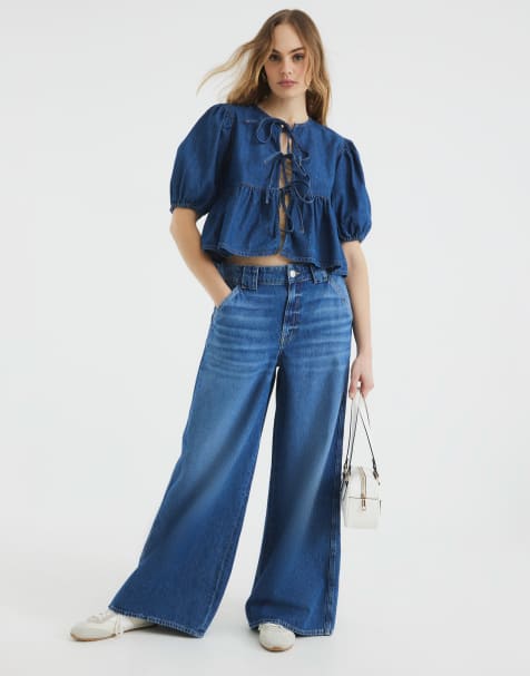 River Island denim puff sleeve top in mid blue - view 1