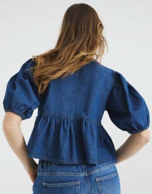 RIVER ISLAND DENIM PUFF SLEEVE TOP 