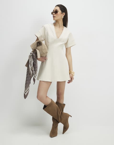 River Island denim seamed detail mini dress in ecru - view 1