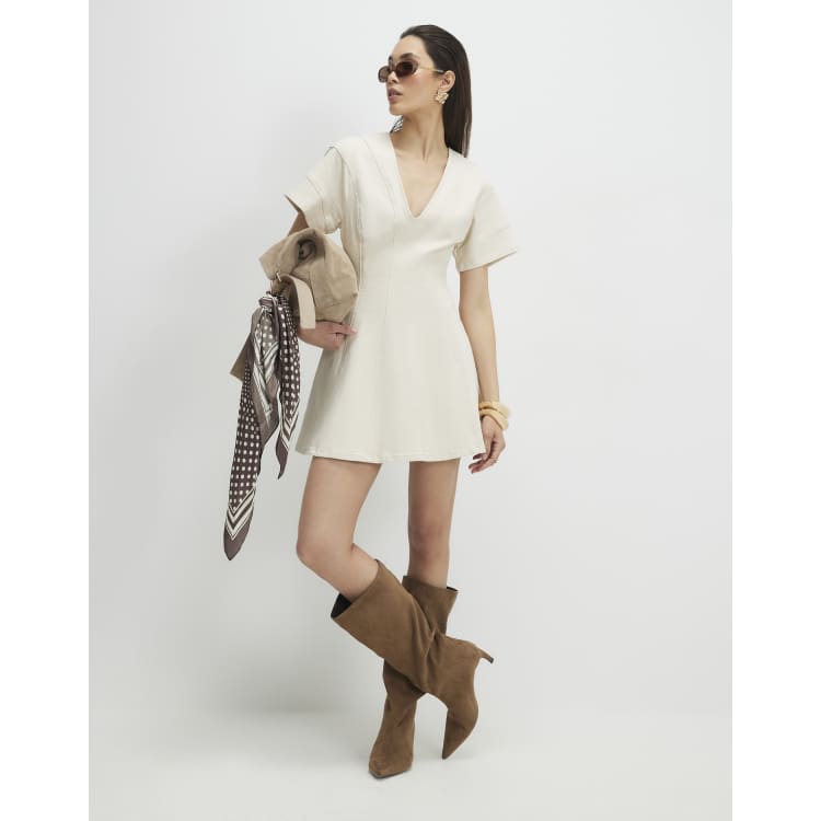 river island white denim dress River Island Embroidered Denim Mini Dress - White