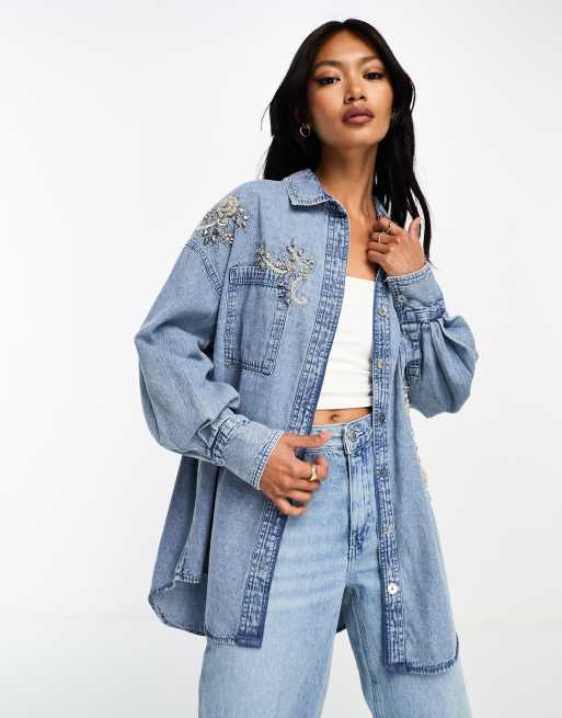 River Island denim shirt with embellished detail in blue | ASOS