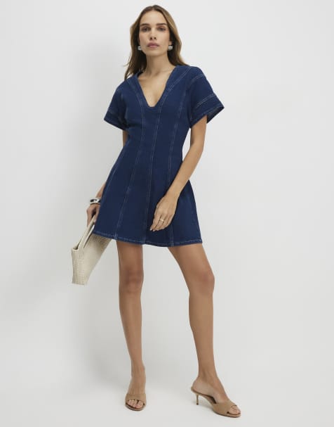 River Island Denim short sleeve seamed mini dress in denim - dark
