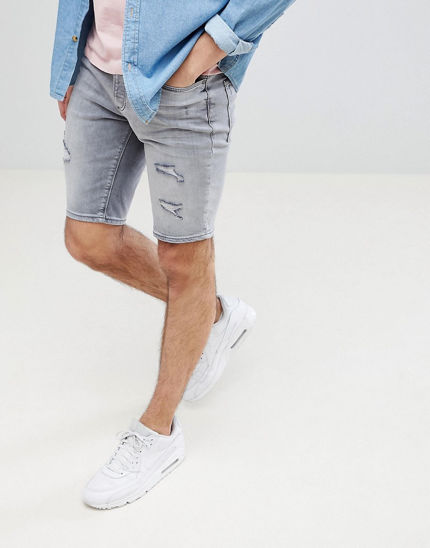 River Island Denim Shorts With Open Rips In Grey Wash