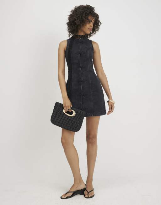 River Island Denim sleeveless drummer mini dress in black, 3 of 4