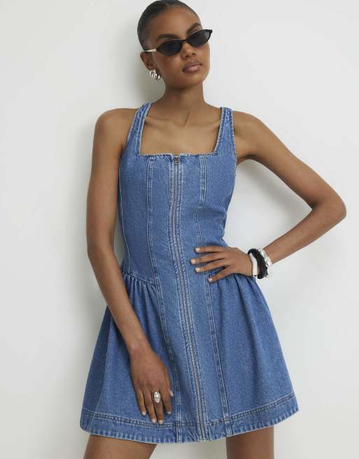 River Island Denim sleeveless zip front swing dress in medium blue, 3 of 4