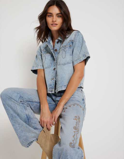 River Island Denim studded crop shirt in denim - medium