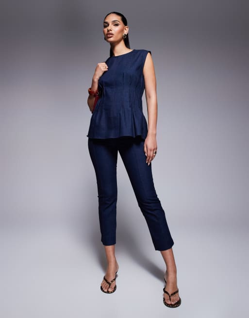 River Island - Denim top met plat gestikte plooien in donkere wassing blauw , 2 van 4