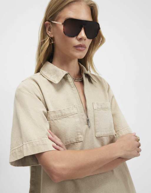 River Island Denim zip front dress in beige , 3 of 4