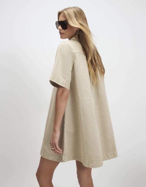 River Island Denim zip front dress in beige , 4 of 4
