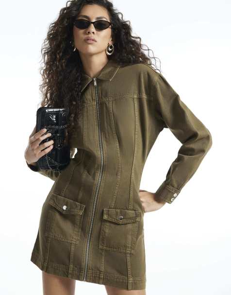 River Island Denim zip through dress in khaki