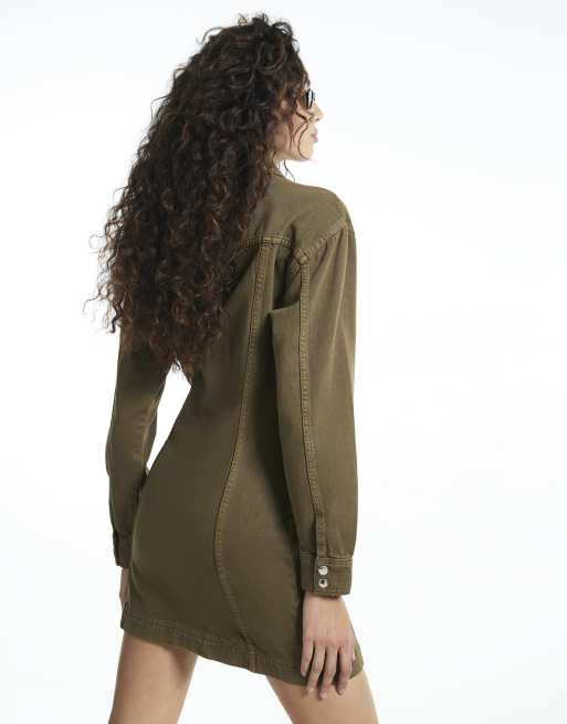 River Island Denim zip through dress in khaki, 4 of 4