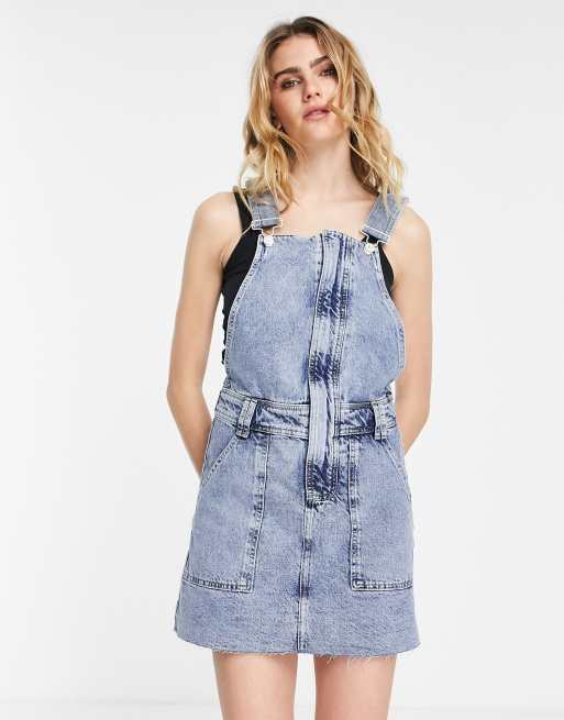 River Island denim zip through mini dress in light blue | ASOS