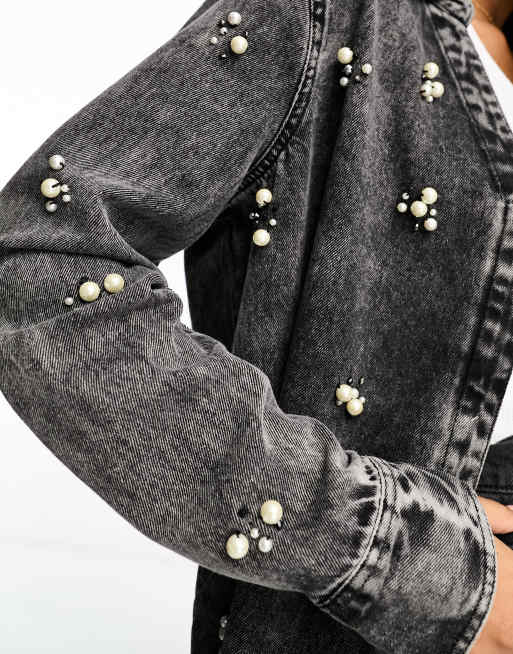 River Island - Denimskjorte i forvasket sort med perleudsmykning, 3 af 4