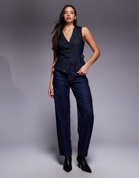 River Island detailed denim waistcoat in dark denim - view 1