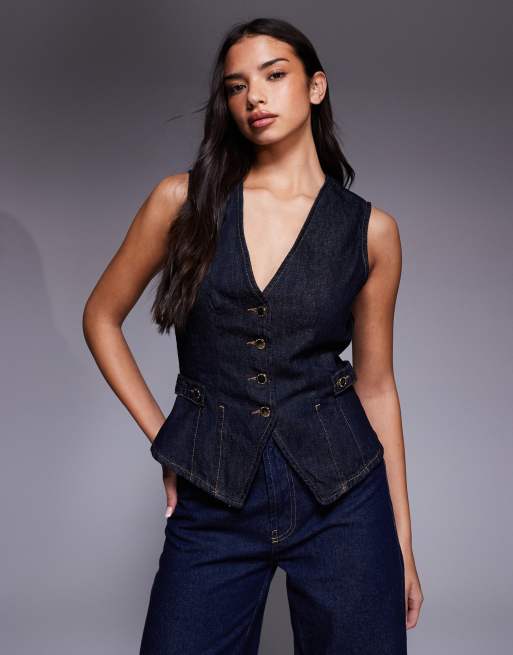 River Island detailed denim waistcoat in dark denim, 2 of 4