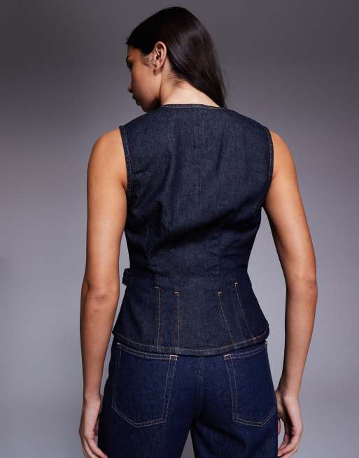 River Island detailed denim waistcoat in dark denim, 3 of 4