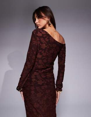 River Island Devore Floral One Shoulder Top In Brown