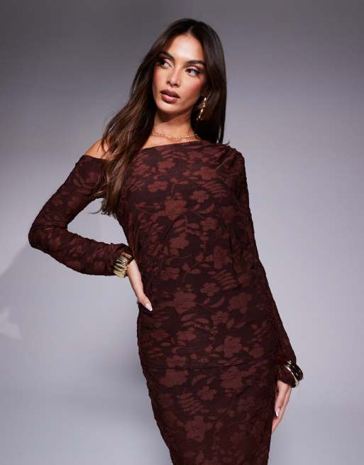 River Island - Devoré top met blote schouder en bloemenprint in bruin, deel van co-ord set