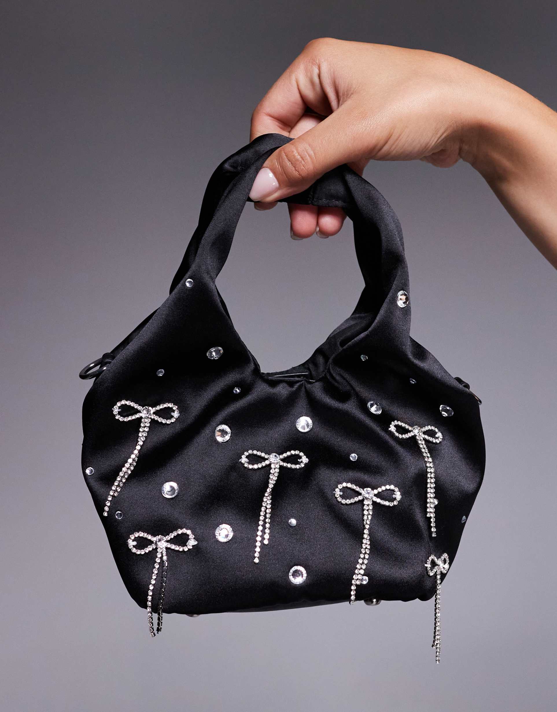 river island diamante bow grab bag in black