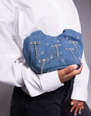 River Island Diamante Bow Grab Bag In Blue