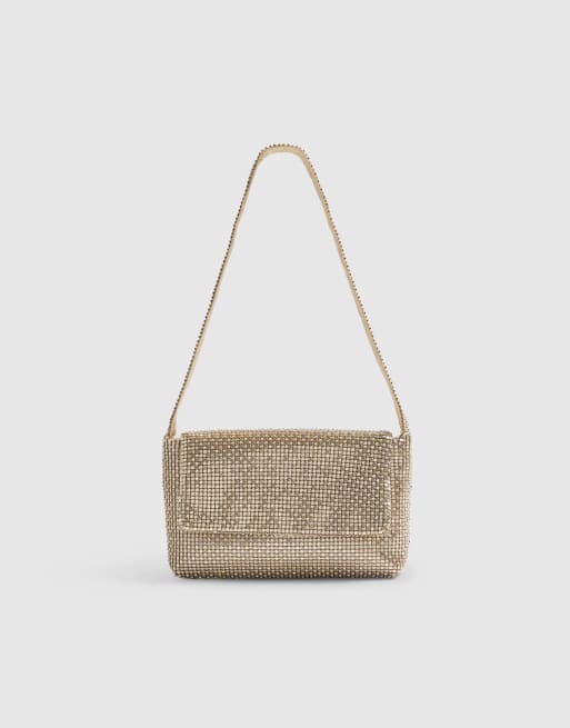 River Island Diamante chainmail shoulder bag in gold, 3 of 4