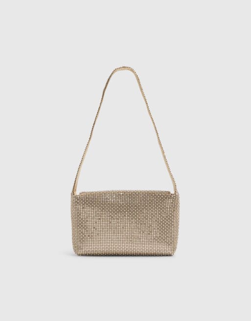 River Island Diamante chainmail shoulder bag in gold, 4 of 4